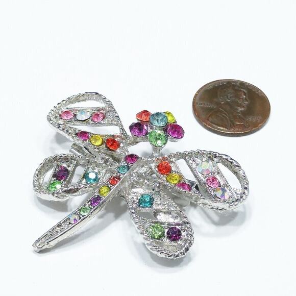 Dragonfly & Flower Brooch, Multicolored Rhinestones, Silver Tone, 1 3/4 Inches - Picture 3 of 9